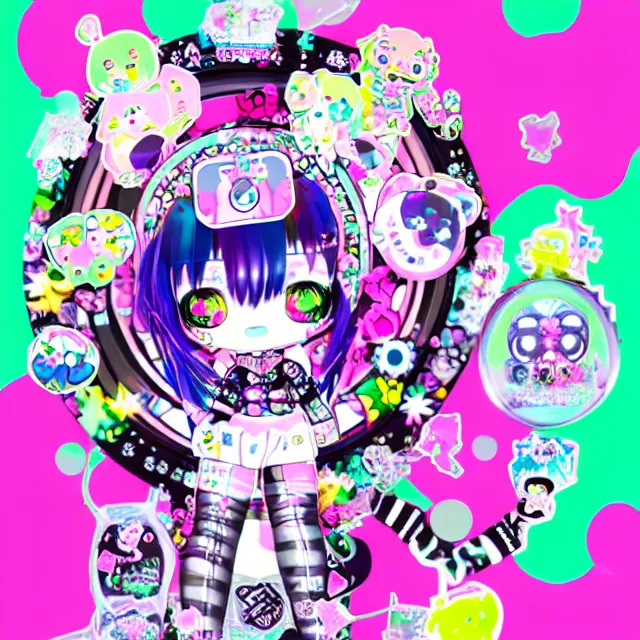 Image similar to cybergoth decora glitchcore yokai girl, sanrio tamagotchi moe ornaments, pastel cute cinematography