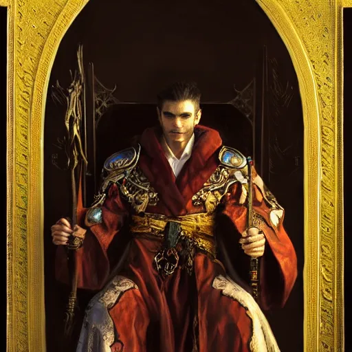 Image similar to perfectly centered portrait of attractive vampire king in a robe sitting on a throne of bones, highly detailed painting by gaston bussiere, craig mullins, j. c. leyendecker, 8 k