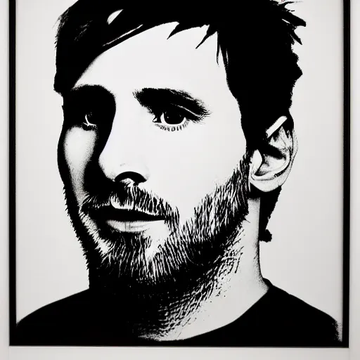 Prompt: a portrait of Lionel Messi, made by Andy Warhol, two tone, very high contrast, only black and white, simplistic, extremely high contrast, two tone, notan art, by Andy Warhol, minimalistic,