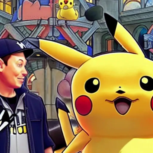 Image similar to pikachu, michael jordan and elon musk in kingdom hearts hd