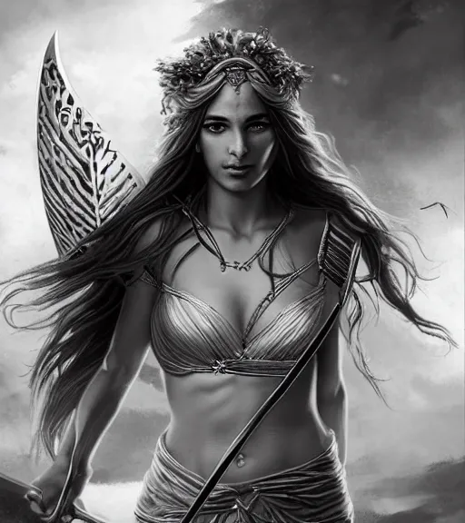 Image similar to beautiful young aphrodite goddess as an archer warrior, realistic face, beautiful eyes, black and white drawing, in the style of greg rutkowski, fantasy, amazing detail, epic, intricate, elegant, smooth, sharp focus