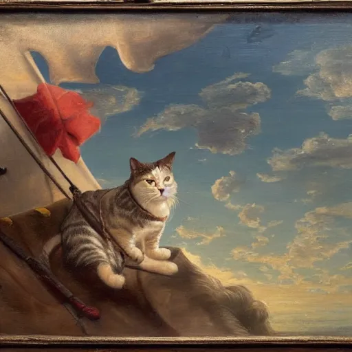 Prompt: a pirate cat sails his ship toward the gathering storm on the horizon, oil on canvas, 1 8 8 3, highly detailed