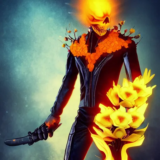 Image similar to Ghost-Rider, holding flowers, Dreamwork animation, 8k, trending on artstation, hyperdetalied,