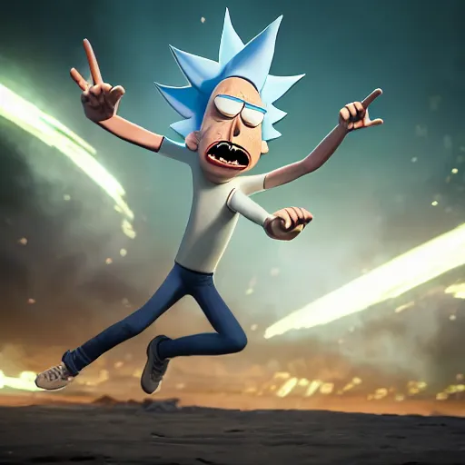 Image similar to full body pose, hyperrealistic photograph of rick sanchez from rick and morty, dim volumetric lighting, 8 k, octane beautifully detailed render, extremely hyper detailed, intricate, epic composition, cinematic lighting, masterpiece, trending on artstation, very very detailed, stunning, hdr, smooth, sharp focus, high resolution, award, winning photo, dslr, 5 0 mm