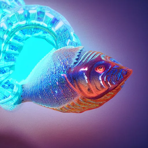 Image similar to a hyperrealistic 3 d octane render of a fish made entirely of gigantic mandelbrot fractals, unreal engine, dramatic lighting, volumetric lighting, backlit, vray lighting, ray tracing, ultra detailed, photorealism, neon, glowing