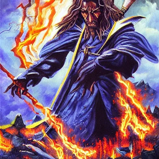 Prompt: Artistic painting of a wizard fighting the forces of evil