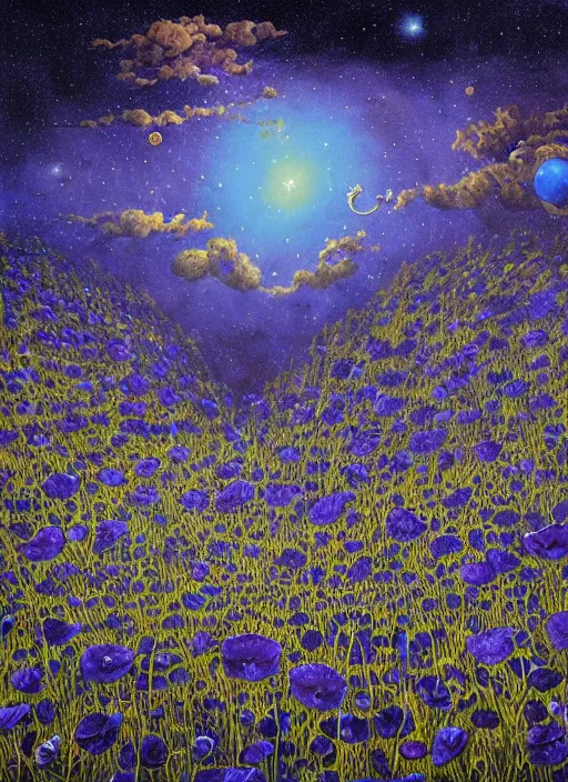 Image similar to detailed, intricate blue black and purple papaverum flower on the field, nebula, galaxy in the sky, winning award masterpiece, fantastically beautiful, illustration, aestheticly inspired, jacek yerka, upscale with anguissola sofonisba work, artstation, 8 k