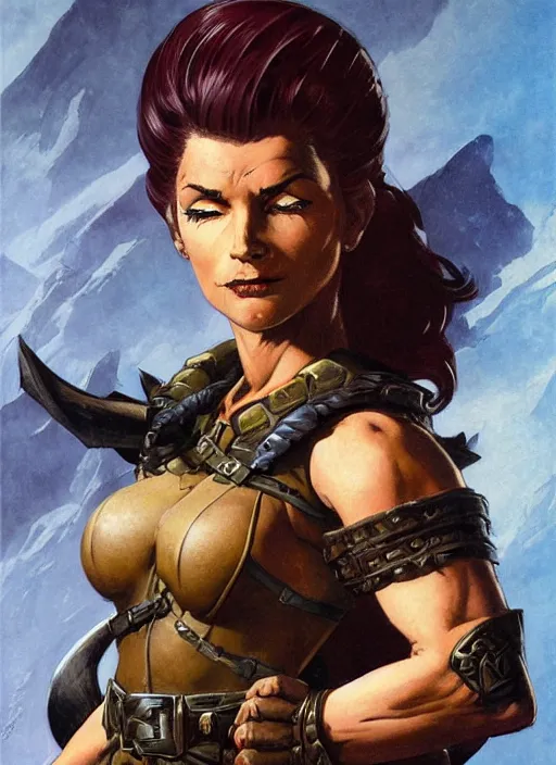 Image similar to portrait of strong female ranger, beautiful! coherent! dungeons and dragons character, by frank frazetta, by brom, strong line, deep color, leather armor, short buzzed hair, high contrast