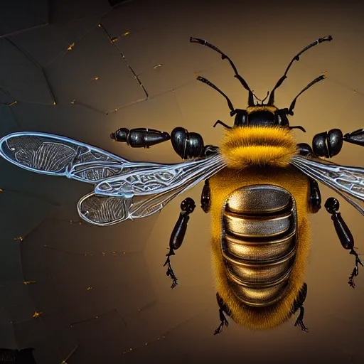 Image similar to A photorealistic 3d render of a robot Bee made of circuits wide view shot by ellen jewett , tomasz alen kopera and Justin Gerard symmetrical features, ominous, magical realism, texture, intricate, ornate, royally decorated, android format, windows, many doors, roofs, complete house , whirling smoke, embers, red adornments, red torn fabric, radiant colors, fantasy, trending on artstation, volumetric lighting, micro details, 3d sculpture, ray tracing, 8k