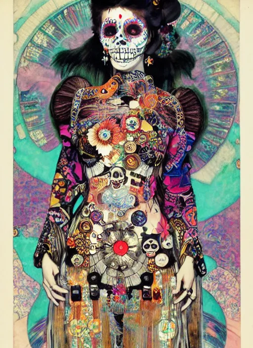 Prompt: cute punk goth fashion hippy fractal Día de los Muertos android girl wearing kimono made of circuits and leds by Zhang Jingna, psychedelic poster art by Hannah Höch Käthe Köllwitz Victor Moscoso Rick Griffin Alphonse Mucha Gustav Klimt Ayami Kojima Amano Charlie Bowater