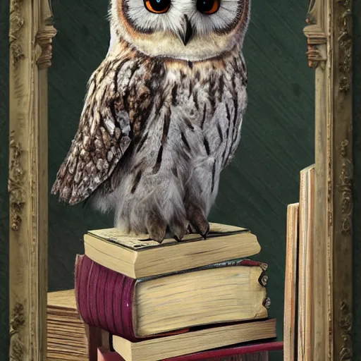 Image similar to long shot of a fluffy sleegy owl sitting on a pile of antique books, by naoto hatori, by yoshita amano, by esao andrews, fancy illustration hyperrealistic, big depth of field, fresh colors, moody evening light, 3 d octane render conceptart, 4 k, highly detailed, trending on artstation