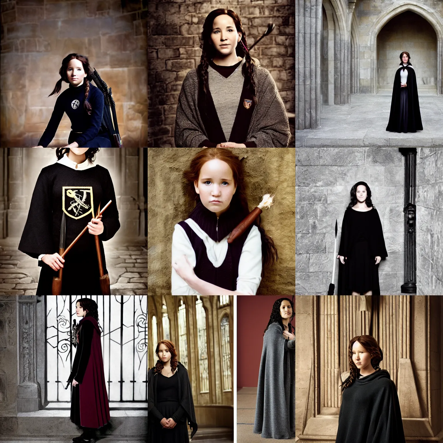 Prompt: ( katniss everdeen ) as a hermione granger, black wool sweater, cloak, skirt, holding wand, hogwarts great hall, portrait photo by steve mccurry