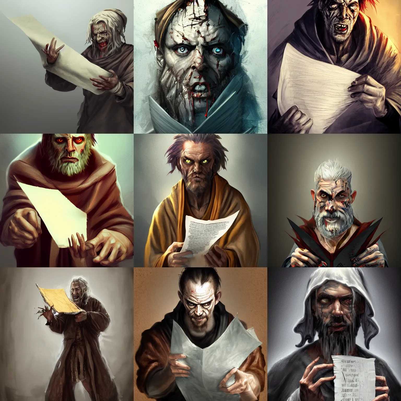 Prompt: An insane filthy man wearing damaged ripped robes holding a magic paper scroll, long fingernails, focus on face, sharp focus, digital painting, trending on artstation, concept art, fantasy, medieval