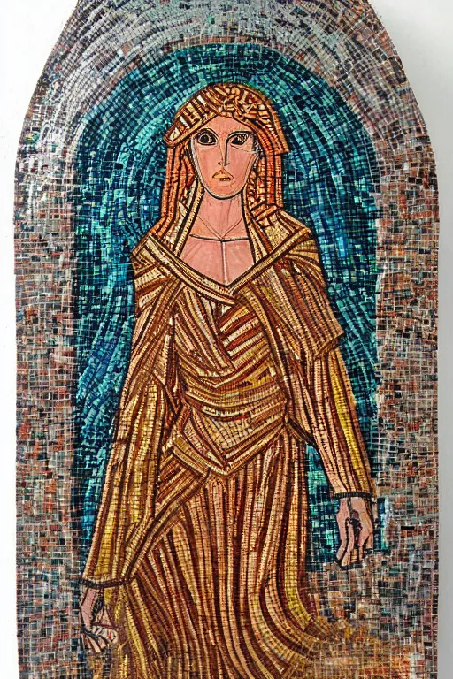 Prompt: Byzantine cyberpunk goddess, symmetrical, mosaic, felt