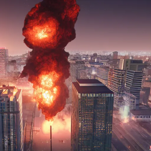 Image similar to A huge fireball impacts downtown, photorealistic, detailed, 8K