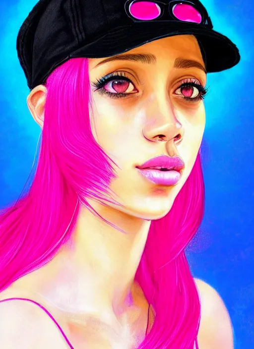 Image similar to portrait of teenage vanessa morgan with bright pink hair, black girl, curly pixie cut hair, wearing newsboy cap, pink short haircut, newsboy cap, hoop earrings, blue eyes, intricate, elegant, glowing lights, highly detailed, digital painting, artstation, concept art, smooth, sharp focus, illustration, art by wlop, mars ravelo and greg rutkowski