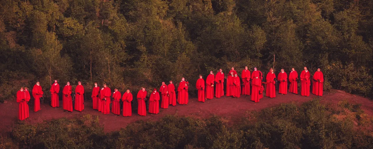 Image similar to a group of priests standing around a forbidden bright red pool on top of a mountain, nighttime, canon 5 0 mm, cinematic lighting, photography, retro, film, kodachrome