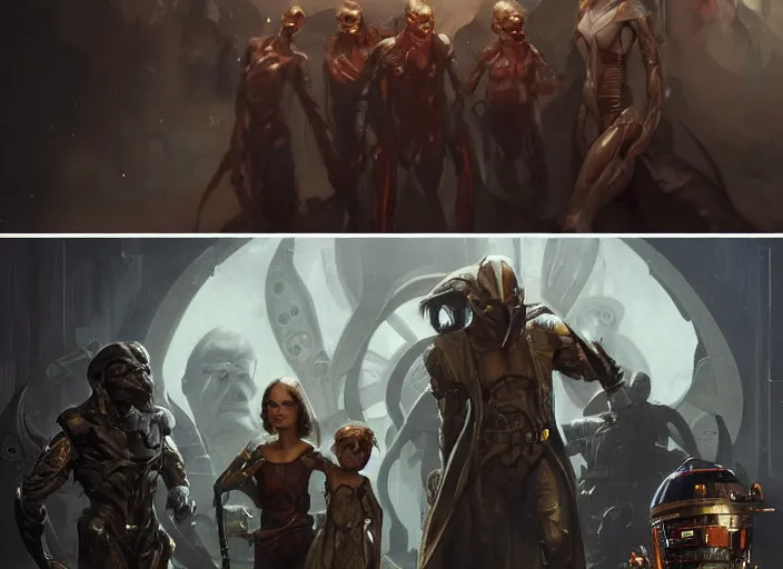 Image similar to a dramatic highly detailed render of smeagol family, futuristic marvel and star wars vibe, by WLOP and Artgerm and Greg Rutkowski and Alphonse Mucha, Beautiful dynamic dramatic dark moody lighting, shadows, cinematic atmosphere, Artstation, concept design art, Octane render, 8K, masterpiece, sharp focus, hyperrealistic