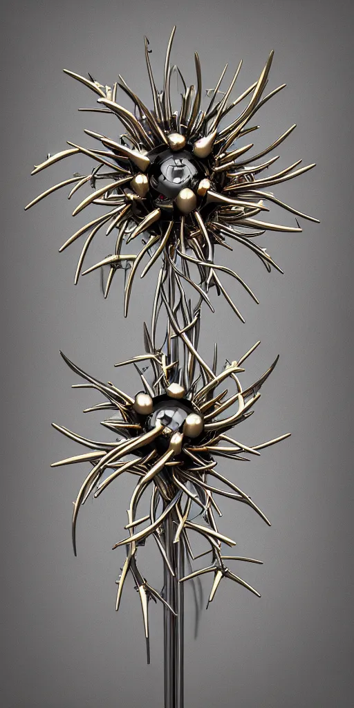 Image similar to 3 d photographic render of asymmetric metallic flower sculpture with thorns, bioluminescent chrometype, made of liquid metal, neotribal with thorns and thunders, cyberpunk, raytracing, hyper realistic, volumetric lightning, 8 k, by zhelong xu and ouchh studio