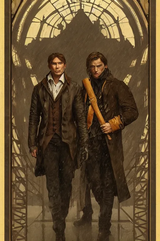 Image similar to a detailed matte portrait of sam and dean winchester in a supernatural sherlock holmes story, 1 8 th century london in the rain, city streets, ominous, masterpiece, 8 k, art by alphonse mucha and greg rutkowski