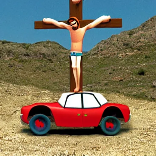 Image similar to jesus christ crucifixion, christian art, as a car from the movie pixar's cars 2,