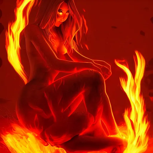 Image similar to Hot fire giantess made of fire, sitting down, shrouded humanoid sitting on her lap, fire in hand, concept art, artstation, 4k