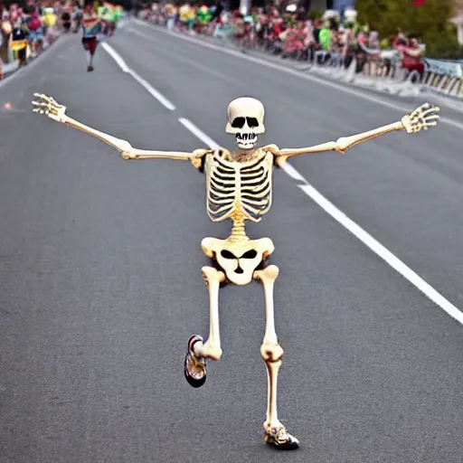 Image similar to A skeleton winning a marathon, award winning photograph