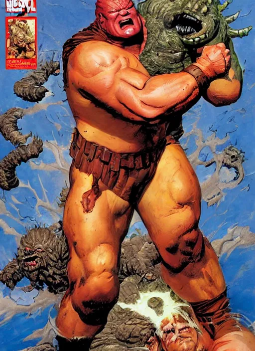 Image similar to full body and head portrait of brock lesnar as marvel juggernaut vs the thing, dynamic action, painted by norman rockwell and phil hale and greg staples and tom lovell and frank schoonover and jack kirby