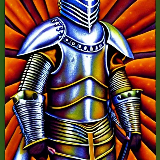 Image similar to medieval fantasy armored knight, by alex grey, TOOL band, detailed, 8K