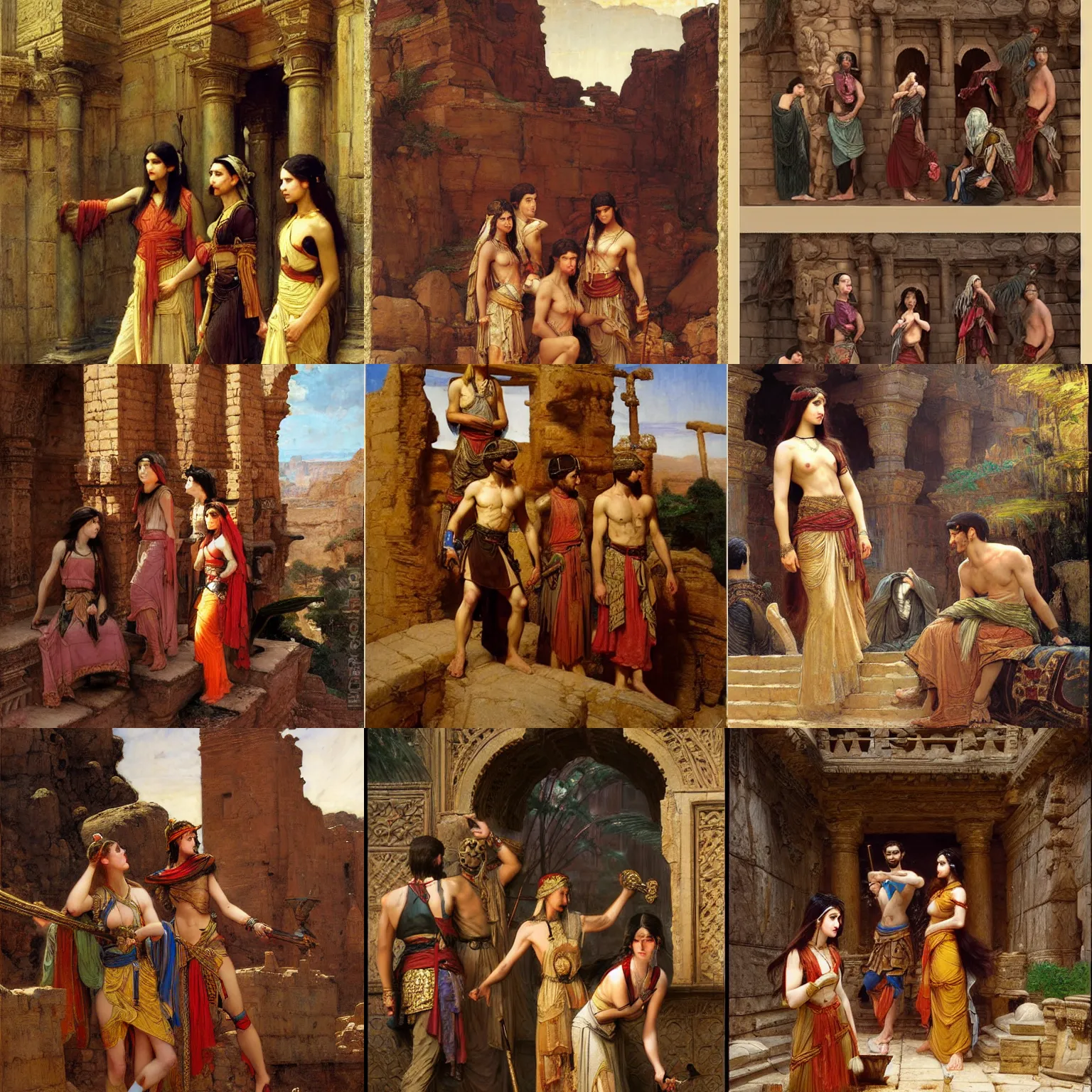 Prompt: orientalist painting of a group of adventurers in a sandstone ruin dungeons and dragons intricate artwork by john william waterhouse and Edwin Longsden Long and Theodore Ralli and Henryk Siemiradzki. trending on artstation, very coherent, simple form, brutal shapes high detail 8k