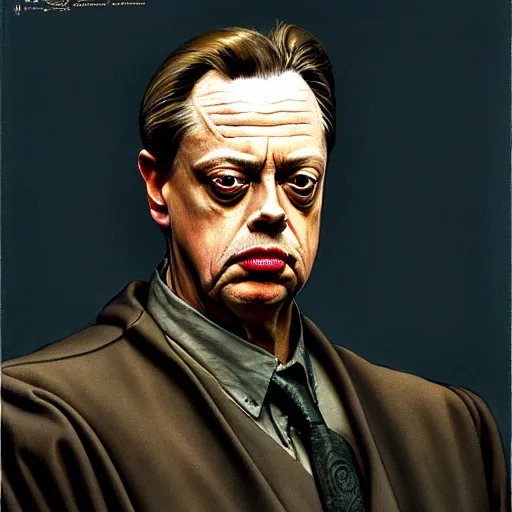 Prompt: dramatic upper body portrait of steve buscemi as baron harkonnen by norman rockwell and boris vallejo, artstation, concept creature character art, Dune 2021