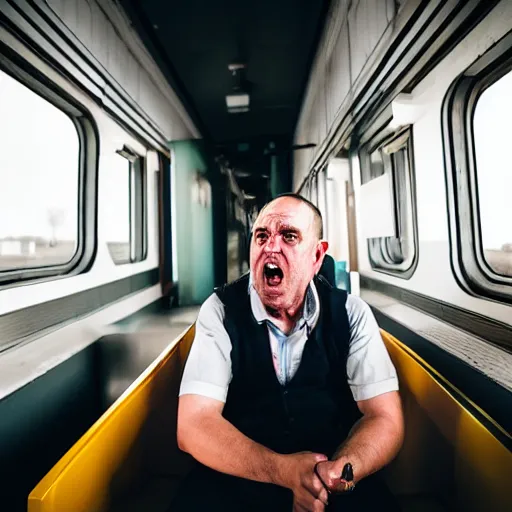 Image similar to a very confused and scared man riding a train for the first time, 8 5 mm shot