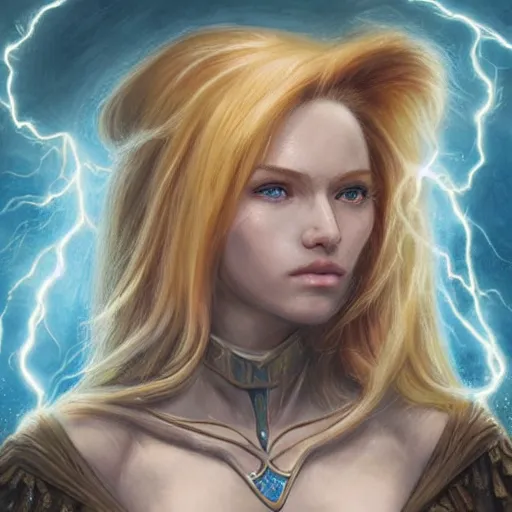 Image similar to a detailed tarot card of a human wizard casting a spell, female, blonde and auburn two toned hair, crackling blue lightning, fantasy, d & d, intricate, elegant, highly detailed, digital painting, artstation, concept art, matte, sharp focus, illustration, in the style of magic the gathering, art by artgerm and greg rutkowski and alphonse mucha