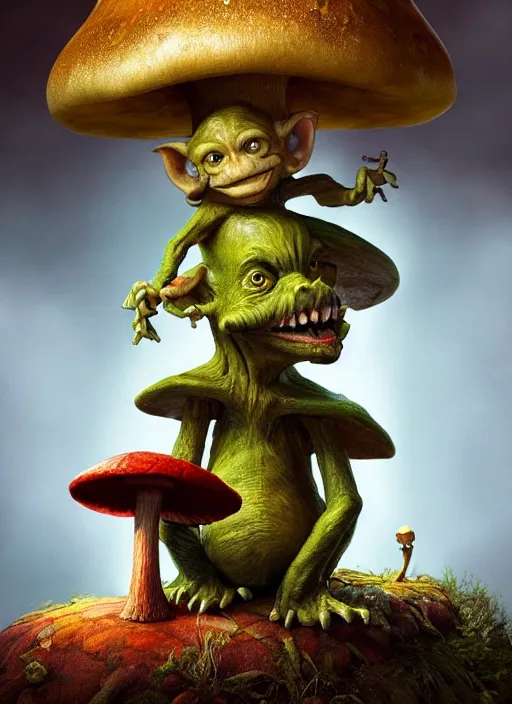 Image similar to a cute goblin sitting on a mushroom playing a lute, in the style of boris valejo and patrick woodroffe, fantastic, dramatic lighting, forest, hyperrealistic, detailed, octane render