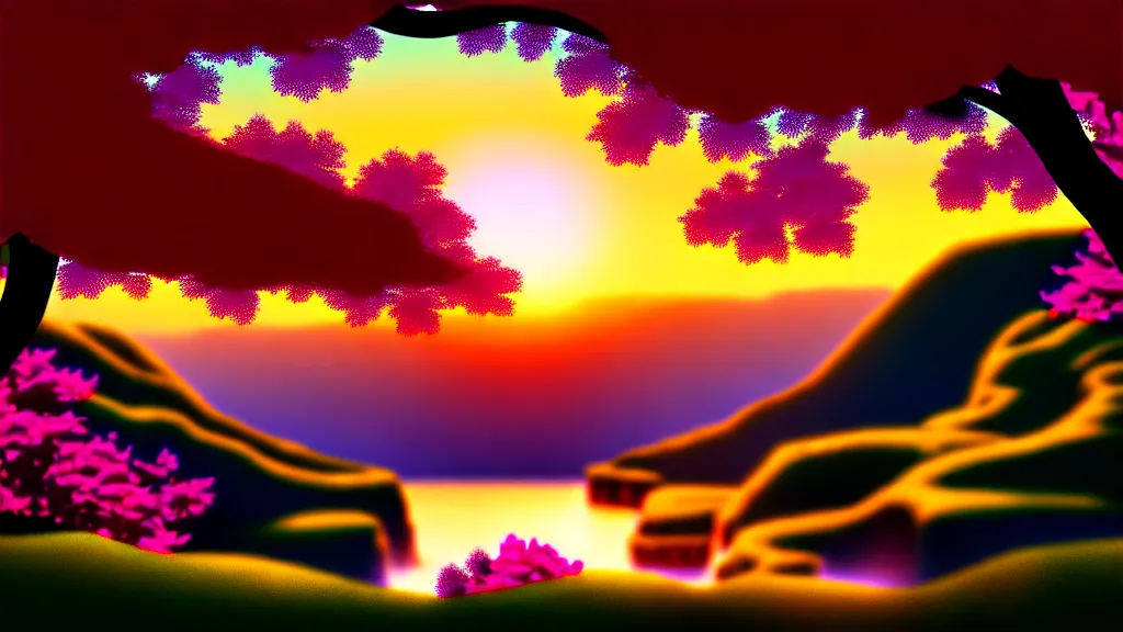 Image similar to featured on artstation cherry tree overlooking valley waterfall sunset beautiful image stylized digital art
