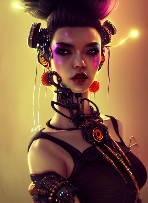 Image similar to soft lustrous seductive ebony geisha raver gutter punk steampunk cyborg, golden ratio, details, scifi, fantasy, cyberpunk city, intricate, decadent, highly detailed, octane render, digital painting, artstation, concept art, sharp focus, illustration, art by artgerm, loish, wlop
