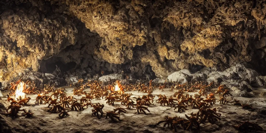 Image similar to crabs during a feeding frenzy inside of a cave, speleothems, limestone, rock strata, torches, rituals, carrion, extremely detailed, photorealistic, 4 k, 8 k