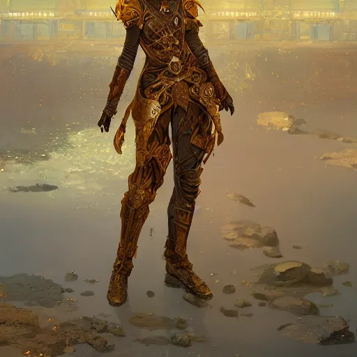 Image similar to portrait knights of Zodiac girl, golden and copper armor, in ruined Agora of Athens, ssci-fi, fantasy, intricate, very very beautiful, elegant, highly detailed, digital painting, artstation, concept art, smooth, sharp focus, illustration, art by alphonse mucha and tian zi and WLOP