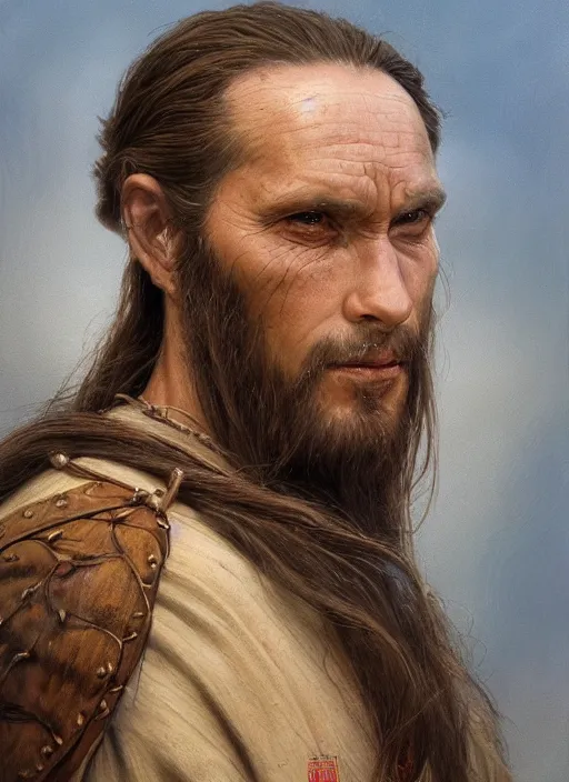 Image similar to a shaman in his late twenties with long light brown hair tied back, a large forehead, a widows peak and a round face with high cheekbones as a realistic d & d fantasy character, portrait art by donato giancola and greg rutkowski, vintage retro, realistic face, digital art, trending on artstation