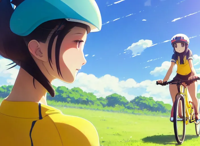 Image similar to portrait of cute girl riding road bike, sunny sky background, lush landscape, illustration concept art anime key visual trending pixiv fanbox by wlop and greg rutkowski and makoto shinkai and studio ghibli and kyoto animation, symmetrical facial features, sports clothing, yellow helmet, nike cycling suit, backlit, aerodynamic frame, riding pose