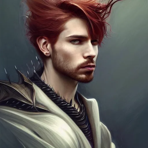 Image similar to portrait of a dragon with a humanoid face, male, handsome, masculine, full body, red hair, long hair, soft hair, fantasy, intricate, elegant, highly detailed, suit, coffee shop, digital painting, artstation, concept art, character art, smooth, sharp focus, illustration, art by artgerm and greg rutkowski and alphonse mucha