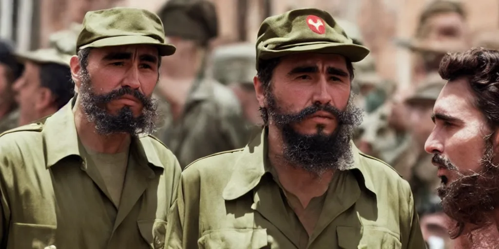 Image similar to James Franco as Fidel Castro in 'Cuba: The Movie' (2024), movie still frame, oscar nominated cinematography, volumetric lighting, 8k resolution, beautiful composition