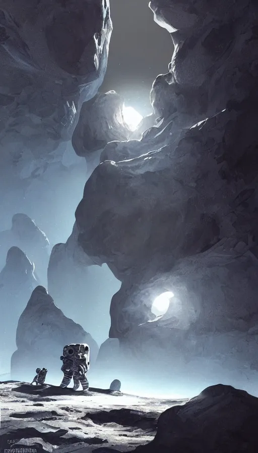 Image similar to a beautiful artwork illustration, astronauts discover a giant obsidian monolith on the moon, by rutkowski and charlie bowater, featured on artstation, wide angle, vertical orientation