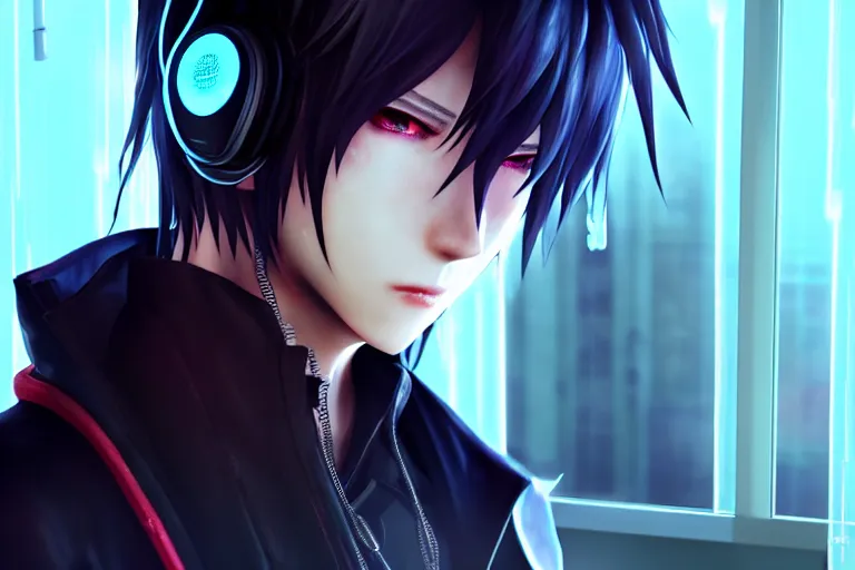 Prompt: Noctis with headphones is looking at a rainy window in the style of a code vein character creation, cyberpunk art by Yuumei, cg society contest winner, rayonism light effects and bokeh, daz3d, vaporwave, deviantart hd