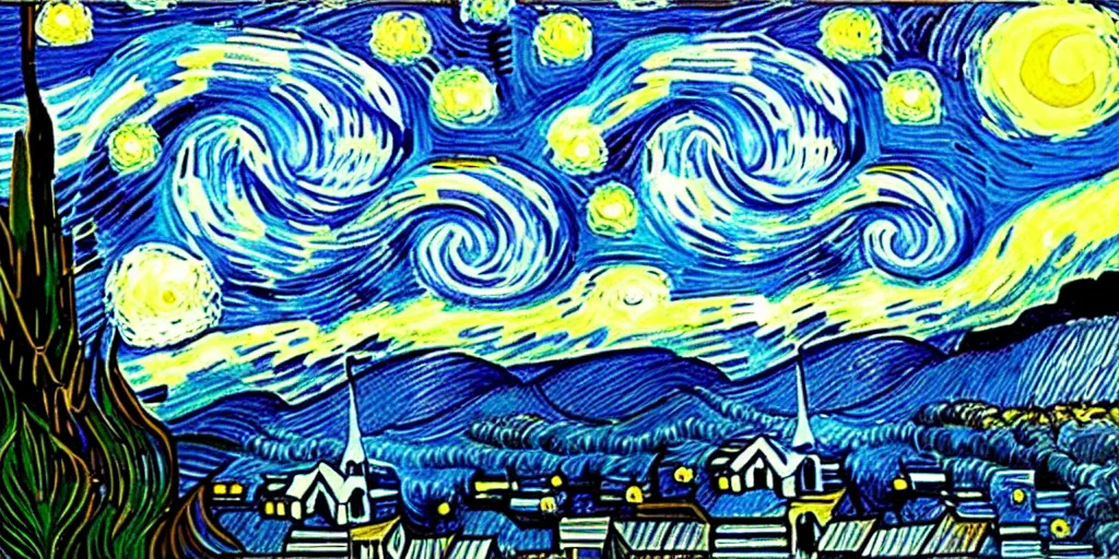 starry night but designed by pablo picasso painting | Stable