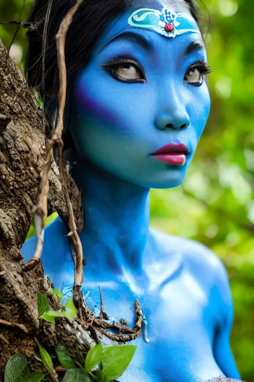 Image similar to a Vietnamese woman dressed as a blue-skinned female navi from avatar standing in a forest, blue body paint, high resolution film still, 8k, HDR colors, cosplay, outdoor lighting, high resolution photograph, photo by bruce weber, beautiful symmetric face