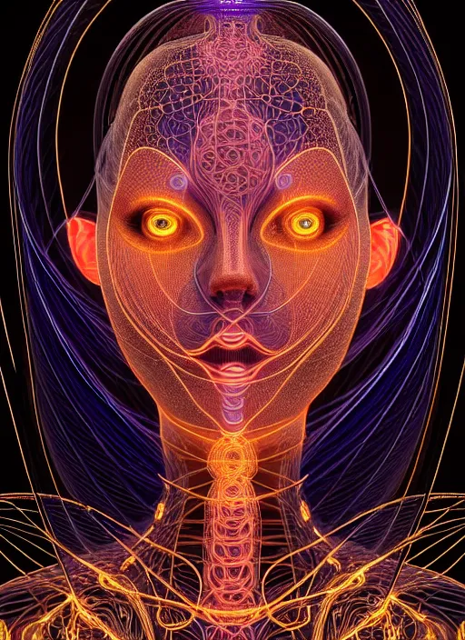 Image similar to absurdly beautiful female figure with beautiful human face, wires, fractals swirling outward, glowing internal light, hyperdetailed, by alex grey, intricate linework, faberge, intricate gold linework, dark atmosphere, unreal engine 5 highly rendered, global illumination, radiant light, detailed and intricate environment