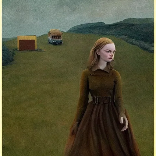 Prompt: Elle Fanning in the painted world of The Ring, head and shoulders masterpiece, apocalypse, golden hour, cosmic horror, artstation, in the style of Andrew Wyeth and Edward Hopper and Bosch, extremely detailed