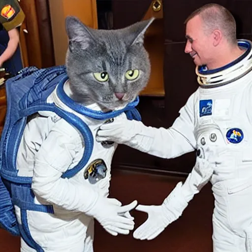 Prompt: cat astronaut shakes the hands with president