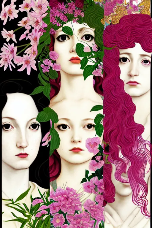 Image similar to 3 Spring Muses symbolically representing March, April, and May, in a style blending Æon Flux, Peter Chung, Shepard Fairey, Botticelli, Ivan Bolivian, and John Singer Sargent, inspired by pre-raphaelite paintings, shoujo manga, and cool Japanese street fashion, dramatically blossoming flora and fauna, petals falling everywhere, pastel vivid triad colors, hyper detailed, super fine inking lines, ethereal and otherworldly, 4K extremely photorealistic, Arnold render